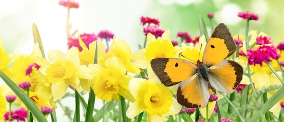 Beautiful colored butterfly on wild flowers in field