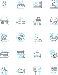 Banquet linear icons set. Celebration, Feast, Grandeur, Gala, Elegance, Extravagance, Formality line vector and concept signs. Indulgence,Gourmet,Lavish outline illustrations