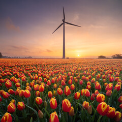 A field of tulips during sunset. A wind generator in a field in the Netherlands. Green energy...