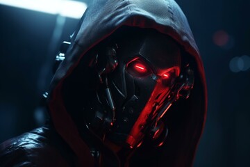 3D cyborg head with red eyes in hood among dark metal. Futuristic soldier. Night scene. Generative AI