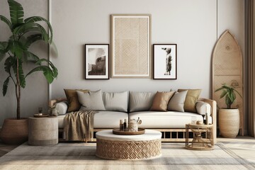 Fototapeta na wymiar Boho living room with 3D rendered frame mockup. Generative AI