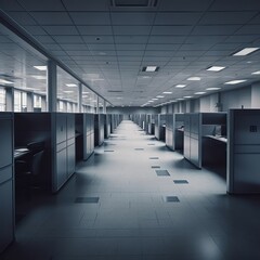 A row of empty cubicles in a modern office space.