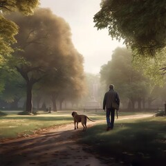 Man and Dog Walking in Park