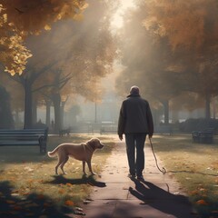 A Representation of a Man and His Dog Walking in a Park