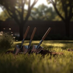 A set of gardening tools on a green background