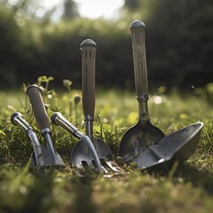 Gardening Tools on a Grass Lawn