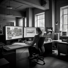 A photorealistic shot of a person working on a computer.