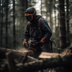 Person Using a Chainsaw in a Foggy Forest