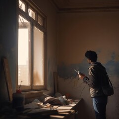 A man is painting a wall with a roller in a photorealistic shot.