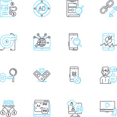Brand strategy linear icons set. Identity, Positioning, Culture, Differentiation, Consistency, Innovation, Mission line vector and concept signs. Vision,Targeting,Storytelling outline illustrations