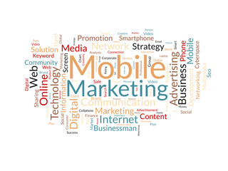 Fototapeta premium Word cloud background concept for Mobile Marketing. Media advertisement, digital social communication of business promotion. vector illustration.