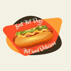 Vintage Hot Dogs label in 1950s style. Emblems for fast food restaurant.