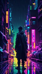 Obraz premium AI art of a Man standing in Neon City Road 
