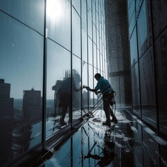 A person cleaning windows on a building.