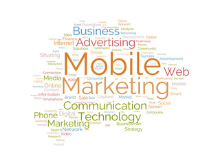 Word cloud background concept for Mobile Marketing. Media advertisement, digital social communication of business promotion. vector illustration.