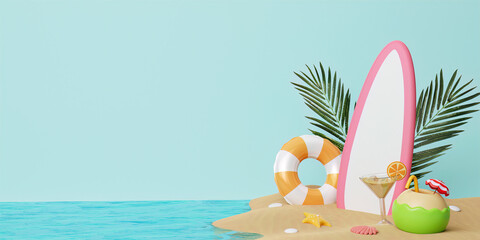 Fototapeta na wymiar Summer vacation island. beach accessories ready for summer vacation. Creative travel concept idea with copy space. 3d rendering illustration