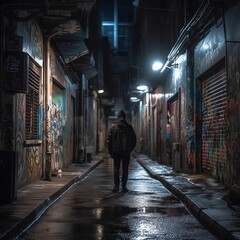 Lone Nighttime Walker in an Urban Landscape