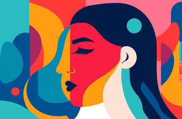 Abstract woman face collage in modern vector art design. Feminine abstraction poster in colorful pallette. Creative geometric female pattern in cubism style. - obrazy, fototapety, plakaty