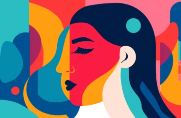  Abstract woman face collage in modern vector art design. Feminine abstraction poster in colorful pallette. Creative geometric female pattern in cubism style. © Graf Vishenka