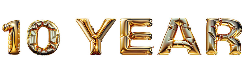 Golden Year sign made of inflatable balloons isolated on white. Helium balloons, gold foil numbers. Sale decoration, black friday, discount, happy birthday  concept. 10 year ,advertisement