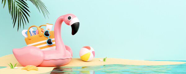 Flamingo float with sunglasses on the beach and beach accessories ready for summer vacation. Creative travel concept idea with copy space. 3d rendering illustration © MeepianGraphic