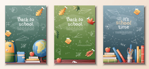 School banners set. Back to school, knowledge, education. Background with drawings drawn in chalk on a school blackboard. Vector set of a4 size flyers.
