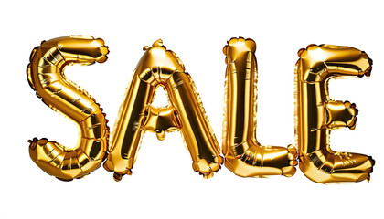 Golden Inflatable Balloons Spelling the Word "SALE" on Transparent Background,  inflatable balloons isolated on white. Helium balloons, gold foil numbers. Sale decoration, black friday, discount conce