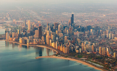 Fototapeta na wymiar Overlook of the Chicago skyline on a Hazy Summer Day