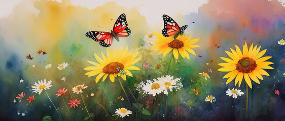 Fototapeta na wymiar Watercolor illustration of butterflies fluttering over wild flowers in spring, Generative AI.