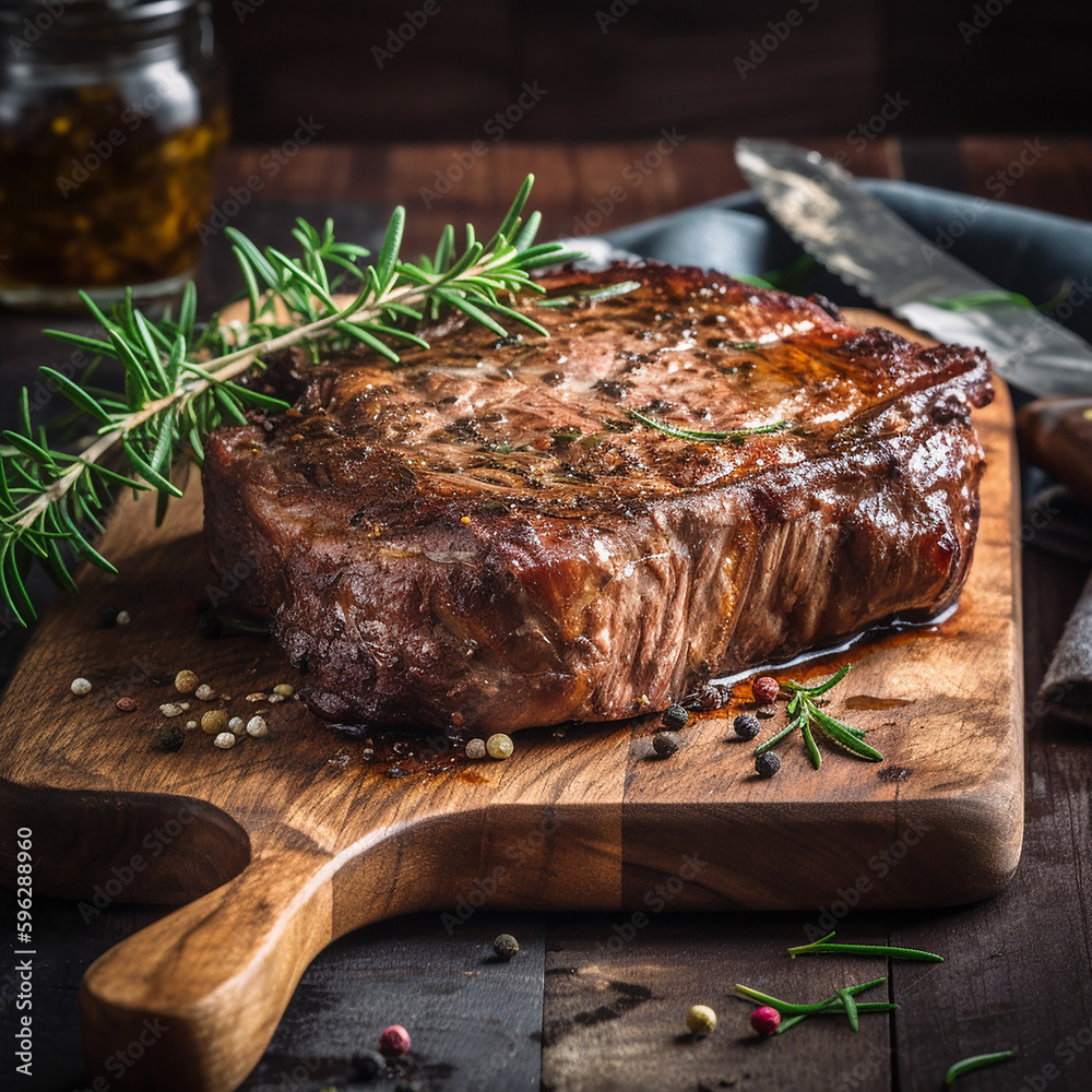 Wall mural juicy grilled steak with herbs and spices on rustic cutting board. Barbecue