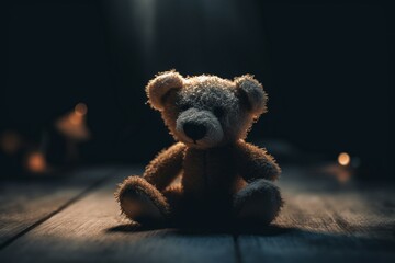 Adorable teddy bear rests on ground amid dark setting. Generative AI