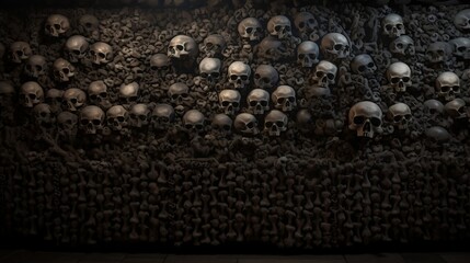 catacomb wall, hundreds of black skulls and bones, high resolution texture. generative AI - obrazy, fototapety, plakaty