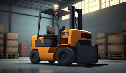 Concept image of a warehouse Forklift in the background of a large warehouse delivery. AI Generative.