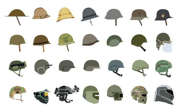 Vector illustration of old and modern Military helmets. Helmets of various armies throughout history.