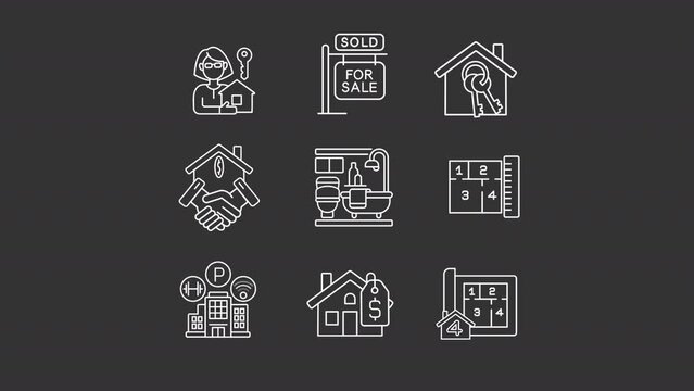 Real estate white line animation set. Property management services. Housing market. Seamless loop HD video with alpha channel on transparent background. Animated outline icons for night modes