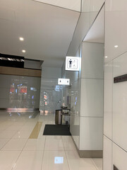 men's and women's restrooms at lobby of Bahrain airport, public area without people, beautiful modern european airport hall, check-in, airplane travel concept, pre-registration, Bahrain - October 2022