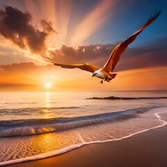 Fototapeta na wymiar the eagle is hunting in the sea in the sunset 