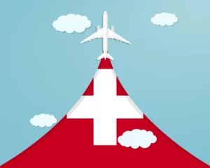 Zelfklevend Fotobehang Travel to Switzerland by flight, destination concept, paper cut vacation idea © Hakan