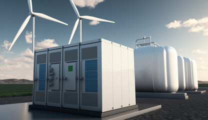 Hydrogen storage tank on small hill with mill turbines and solar power panel, Generative AI.