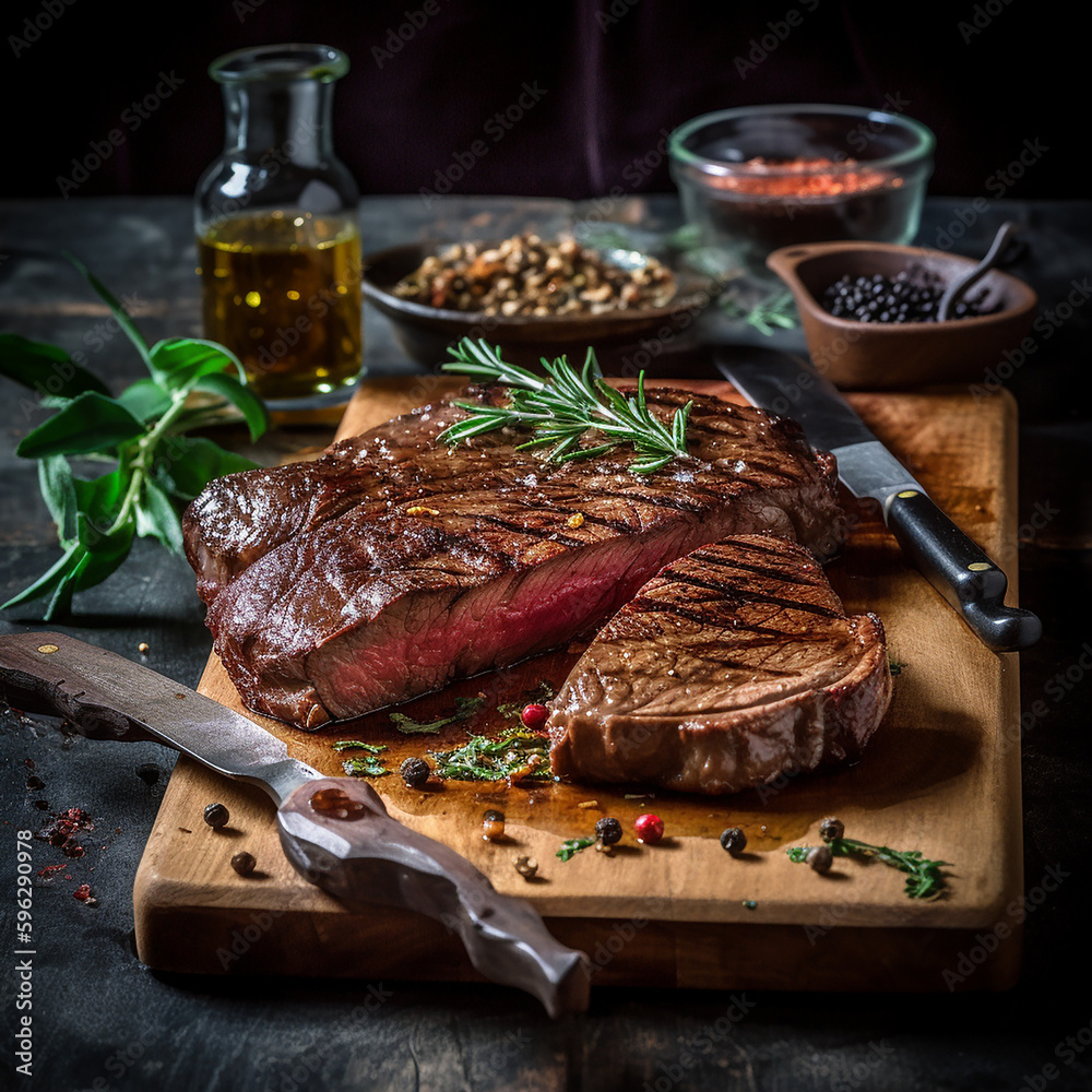 Canvas Prints juicy grilled steak with herbs and spices on rustic cutting board. barbecue