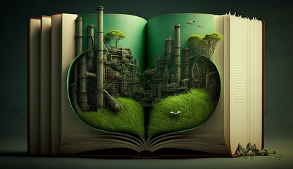 An open fantasy book illustration on the opposite side of the old industrial design polluting with green power and safe earth. AI Generative.