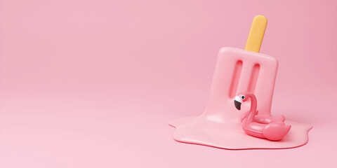 Pink stick ice cream melting with flamingo float on pastel pink background. Summer creative concept. 3d render illustration. © MeepianGraphic
