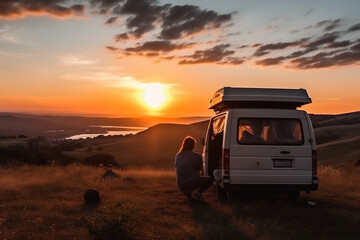  Enjoying a summer road trip with a vintage campervan on a relaxing sunset