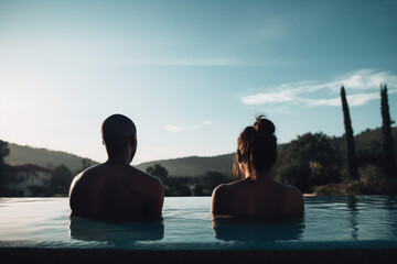 A man and a woman relaxing on a swimming pool view from the back