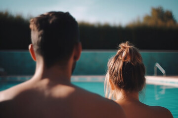 A man and a woman relaxing on a swimming pool view from the back