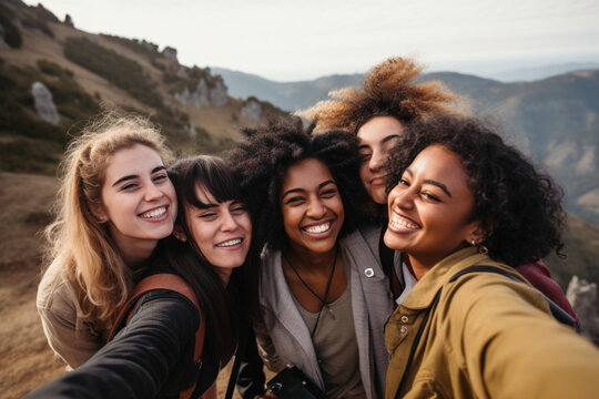  Group of girls taking a selfie on the moutain, generative IA