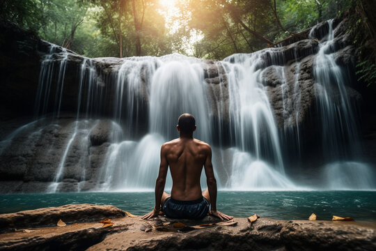  Man relaxing on a waterfall, yoga