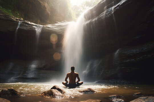  Man relaxing on a waterfall, yoga