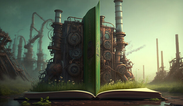 An open fantasy book illustration on the opposite side of the old industrial design polluting with green power and safe earth. AI Generative.