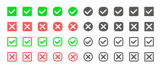 collection white check mark and cross icon set, green and red circle and square. Vector illustration checkmark icon set.